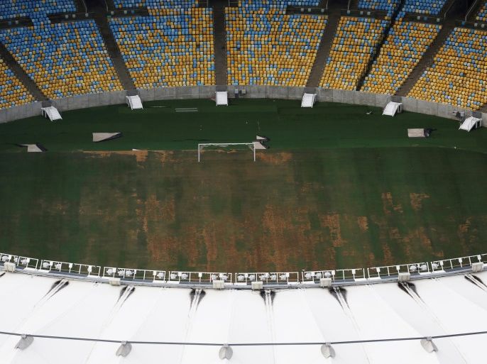 An aerial view of Maracana Stadium, which was used for the Opening and Closing ceremonies of the Rio 2016 Olympic Games, shows the turf being dry, worn and filled with ruts and holes, in Rio de Janeiro, Brazil January 12, 2017. Picture taken on January 12, 2017. REUTERS/Nacho Doce