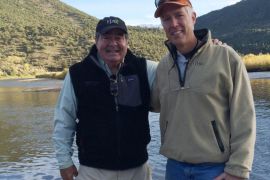 The late U.S. Supreme Court Justice Antonin Scalia poses for a picture with judge Neil Gorsuch (R), U.S. President Donald Trump's Supreme Court nominee, by the Upper Colorado river near Kremmling, Colorado, U.S. in this picture from October 3, 2014. Courtesy of Glen Summers/Handout via REUTERS ATTENTION EDITORS - EDITORIAL USE ONLY. NO RESALES. NO ARCHIVE. THIS PICTURE WAS PROCESSED BY REUTERS TO ENHANCE QUALITY. AN UNPROCESSED VERSION WILL BE PROVIDED SEPARATELY.