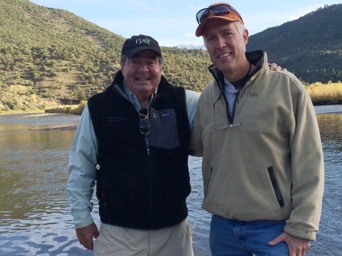 The late U.S. Supreme Court Justice Antonin Scalia poses for a picture with judge Neil Gorsuch (R), U.S. President Donald Trump's Supreme Court nominee, by the Upper Colorado river near Kremmling, Colorado, U.S. in this picture from October 3, 2014. Courtesy of Glen Summers/Handout via REUTERS ATTENTION EDITORS - EDITORIAL USE ONLY. NO RESALES. NO ARCHIVE. THIS PICTURE WAS PROCESSED BY REUTERS TO ENHANCE QUALITY. AN UNPROCESSED VERSION WILL BE PROVIDED SEPARATELY.