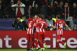 Football Soccer - Bayer Leverkusen v Atletico Madrid - UEFA Champions League Round of 16 First Leg - BayArena, Leverkusen, Germany - 21/2/17 Atletico Madrid's Kevin Gameiro celebrates scoring their third goal from the penalty spot with teammates Reuters / Wolfgang Rattay Livepic