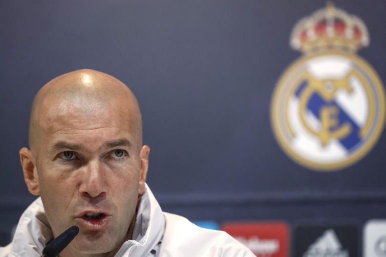 Real Madrid's French head coach Zinedine Zidane addresses a press conference at Valdebebas sport complex in Madrid, Spain, 25 February 2017. The team prepares its upcoming Spanish Primera Division league game against Villarreal on 26 February.