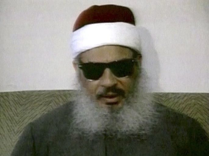 Egyptian Omar Abdel-Rahman speaks during a news conference in this still image taken from February 1993 video footage on January 18, 2013. The Al-Qaeda linked kidnappers who took hundreds of people hostage at a gas plant in Algeria have offered to swap U.S. captives for two militants currently jailed in the United States, according to the Mauritanian news agency, ANI. The kidnappers named Pakistani Aafia Siddiqui and Egyptian Omar Abdel-Rahman as the militants they wish to be freed. REUTERS/Reuters TV/Files (UNITED STATES - Tags: POLITICS CONFLICT)