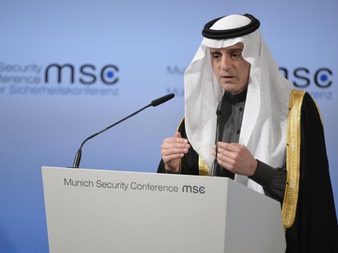 Saudi Arabian Foreign Minister Adel bin Ahmed Al-Jubeir speaks during the 2017 Munich Security Conference in Munich, Germany, 19 February 2017. In their annual meeting, politicians and various experts and guests from around the world discuss issues surrounding global security from February 17 to 19.