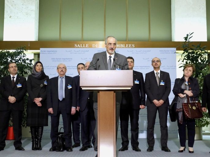 Syrian Ambassador to the U.N. Bashar al Ja'afari, Head of the Syrian government delegation addresses the media after a meeting of Intra-Syria peace talks with United Nations Special Envoy for Syria Staffan de Mistura at Palais des Nations in Geneva, Switzerland, February 25, 2017. REUTERS/Pierre Albouy