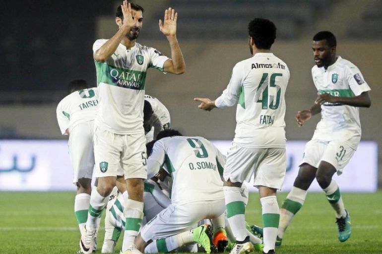 Al-Ahli players celebrate a goal during the Saudi King's Cup round of 16 soccer match between Al-Qadisiyah FC and Al-Ahli S.FC at Prince Saud bin Jalawi Stadium in Al-Khobar, Saudi Arabia, 13 February 2017.