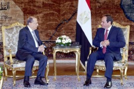 A handout photo made available by Lebanese official Agency Dalati Nohra shows Lebanese President Michel Aoun (L) meet with Egyptian President Abdel Fattah al-Sisi (R) in the Presidential palace, Cairo, Egypt, 13 February 2017. President Aoun arrived in Cairo for a one-day official visit to meet with Egyptian officials, and he will continues his trip to Amman, Jordan on 14 February 2017. EPA/DALATI NOHRA HANDOUT