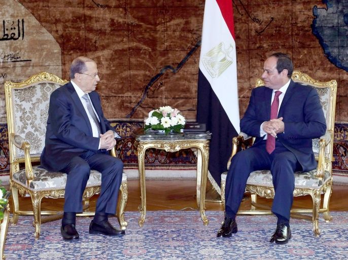 A handout photo made available by Lebanese official Agency Dalati Nohra shows Lebanese President Michel Aoun (L) meet with Egyptian President Abdel Fattah al-Sisi (R) in the Presidential palace, Cairo, Egypt, 13 February 2017. President Aoun arrived in Cairo for a one-day official visit to meet with Egyptian officials, and he will continues his trip to Amman, Jordan on 14 February 2017. EPA/DALATI NOHRA HANDOUT