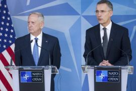 US Defence Secretary James Mattis (L) and NATO Secretary General Jens Stoltenberg (R) give a press conference during the NATO Defense Ministers Council at the alliance's headquarters in Brussels, Belgium, 15 February 2017. NATO defense ministers gathered a two-days meeting.