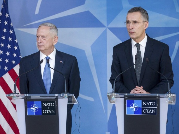 US Defence Secretary James Mattis (L) and NATO Secretary General Jens Stoltenberg (R) give a press conference during the NATO Defense Ministers Council at the alliance's headquarters in Brussels, Belgium, 15 February 2017. NATO defense ministers gathered a two-days meeting.