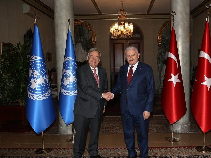 A handout photo made available by Turkish Prime Minister Press office shows United Nations Secretary-General Antonio Guterres (L) shaking hands with Turkish Prime Minister Binali Yildirim (R) during their meeting in Istanbul, Turkey, 10 February 2017. Guterres arrived in Turkey on a two-day official visit where he will have talks with officials on Cyprus talks and developments in the Middle East. EPA/MUSTAFA AKTAS / TURKISH PRIME MINISTER OFFICE HANDOUT