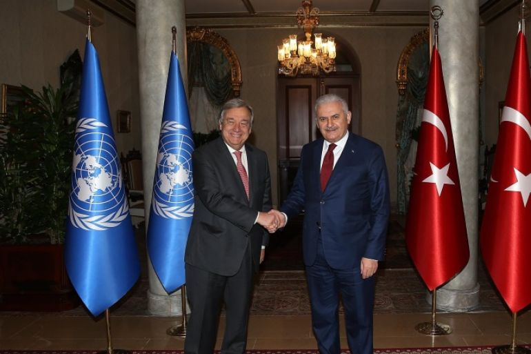 A handout photo made available by Turkish Prime Minister Press office shows United Nations Secretary-General Antonio Guterres (L) shaking hands with Turkish Prime Minister Binali Yildirim (R) during their meeting in Istanbul, Turkey, 10 February 2017. Guterres arrived in Turkey on a two-day official visit where he will have talks with officials on Cyprus talks and developments in the Middle East. EPA/MUSTAFA AKTAS / TURKISH PRIME MINISTER OFFICE HANDOUT