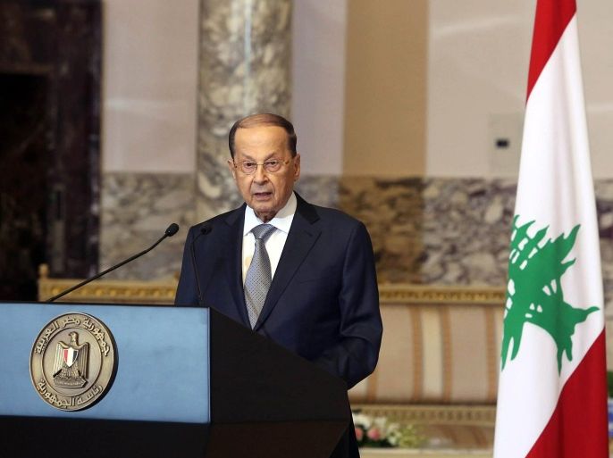 A handout photo made available by Lebanese official Agency Dalati Nohra shows Lebanese President Michel Aoun speaks during a joint press conference with Egyptian President Abdel Fattah al-Sisi (Not Pictured) in the Presidential palace, Cairo, Egypt, 13 February 2017. President Aoun arrived in Cairo for a one-day official visit to meet with Egyptian officials, and he will continues his trip to Amman, Jordan on 14 February 2017. EPA/DALATI NOHRA HANDOUT
