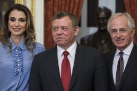 His Majesty King Abdullah II of Jordan (C), along with Queen Rania (L) and Republican Senator from Tennessee Bob Corker (R), pose for a photograph before a meeting in the US Capitol in Washington, DC, USA, 01 February 2017.