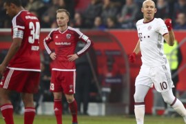 Football Soccer - FC Ingolstadt 04 v Bayern Munich - German Bundesliga - Audi Sportpark, Ingolstadt, Germany - 11/02/17 - Munich's Arjen Robben celebrates. REUTERS/Michael Dalder. DFL RULES TO LIMIT THE ONLINE USAGE DURING MATCH TIME TO 15 PICTURES PER GAME. IMAGE SEQUENCES TO SIMULATE VIDEO IS NOT ALLOWED AT ANY TIME. FOR FURTHER QUERIES PLEASE CONTACT DFL DIRECTLY AT + 49 69 650050