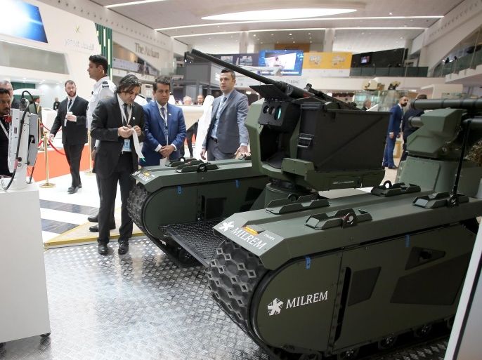 Sarp-Themis Weaponized unmaned vehicle by International Golden Group on display during the first day of the International Defence Exhibition and Conference IDEX in Abu Dhabi, United Arab Emirates, 19 February 2017. The exhibition also includes NAVDEX, the naval and maritime security section of the fair.