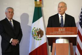 Secretary of Homeland Security John Kelly delivers a statement accompanied by U.S. Secretary of State Rex Tillerson (L) at the Mexican Ministry of Foreign Affairs in Mexico City, Mexico February 23, 2017. REUTERS/Carlos Barria