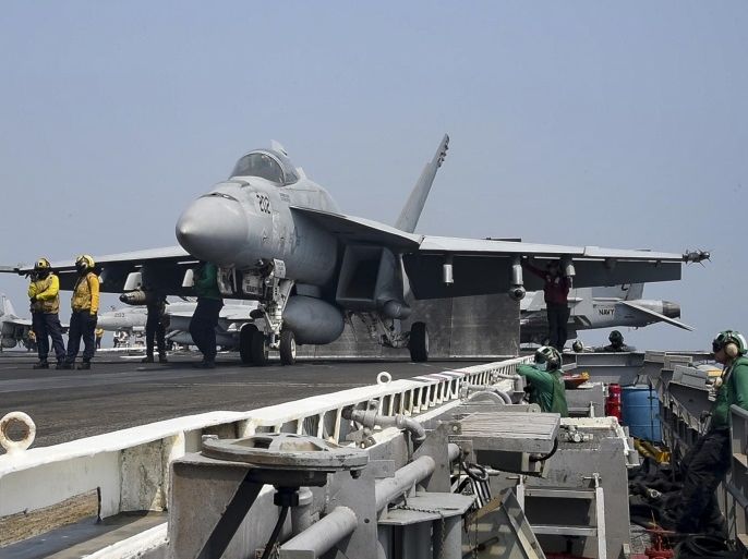An F/A-18E Super Hornet prepares to launch from the aircraft carrier USS Dwight D. Eisenhower in support of air strikes from the Arabian Gulf July 22, 2016. U.S. Navy/Mass Communication Specialist 3rd Class Bobby Baldock/Handout via Reuters THIS IMAGE HAS BEEN SUPPLIED BY A THIRD PARTY. IT IS DISTRIBUTED, EXACTLY AS RECEIVED BY REUTERS, AS A SERVICE TO CLIENTS. FOR EDITORIAL USE ONLY. NOT FOR SALE FOR MARKETING OR ADVERTISING CAMPAIGNS