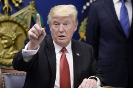 US President Donald Trump gestures during the signing of Executive Orders in the Hall of Heroes at the Pentagon in Arlington, Virginia, USA, 27 January 2017.