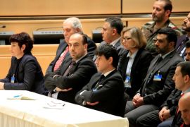 Head of opposition delegation Nasr al-Hariri (front 2nd L) listens during the speech of United Nations Special Envoy for Syria Staffan de Mistura in the context of the resumption of intra-Syrian talks at the Palais des Nations in Geneva, Switzerland, February 23, 2017. REUTERS/Pierre Albouy