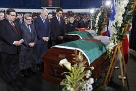 Montreal mayor Denis Coderre, Quebec City mayor Regis Labeaume, Quebec Premier Philippe Couillard and Canada's Prime Minister Justin Trudeau pay their respects during funeral ceremonies for three of the victims of the deadly shooting at the Quebec Islamic Cultural Centre, in Montreal, Quebec, Canada, February 2, 2017. REUTERS/Chris Wattie
