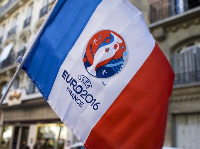 A French flag with the logo of the UEFA EURO 2016 soccer championship prior to the UEFA EURO 2016 final match between Portugal and France in Paris, France, 10 July 2016.