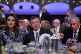 Jordan's King Abdullah (C), Queen Rania and Secretary of State Rex Tillerson (R) attend the National Prayer Breakfast in Washington, U.S., February 2, 2017. REUTERS/Carlos Barria