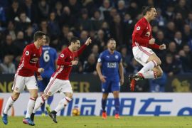 Britain Soccer Football - Leicester City v Manchester United - Premier League - King Power Stadium - 5/2/17 Manchester United's Zlatan Ibrahimovic celebrates scoring their second goal Reuters / Darren Staples Livepic EDITORIAL USE ONLY. No use with unauthorized audio, video, data, fixture lists, club/league logos or "live" services. Online in-match use limited to 45 images, no video emulation. No use in betting, games or single club/league/player publications. Please contact your account representative for further details.