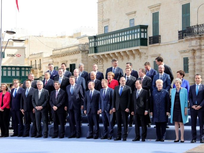 Participants pose for the family photo during an informal summit meeting of EU leaders in Valletta, Malta, 03 February 2017. The European Union (EU) leaders will address the migration situation, focusing on the Central Mediterranean route and Libya, and discuss the future of the EU after Brexit.