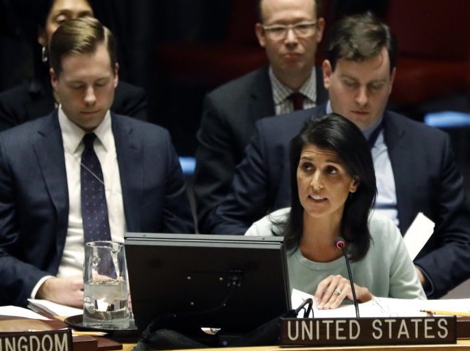 The new US Ambassador to the United Nations Nikki Haley, addresses a Security Council on the situation in Ukraine in the Security Council chamber at United Nations headquarters in New York, New York, USA, 02 February 2017.