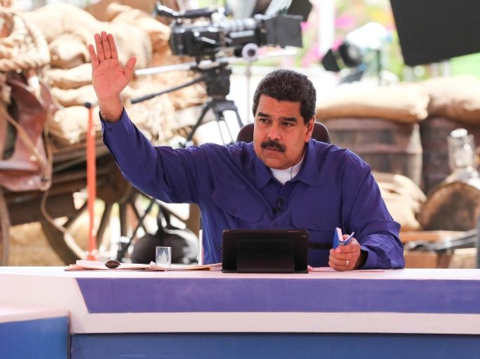 Venezuela's President Nicolas Maduro speaks during his weekly broadcast "Los domingos con Maduro" (The Sundays with Maduro) in Guarenas, Venezuela February 5, 2017. Miraflores Palace/Handout via REUTERS ATTENTION EDITORS - THIS PICTURE WAS PROVIDED BY A THIRD PARTY. EDITORIAL USE ONLY.