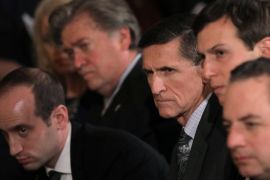 REFILE - CORRECTING IDENTITY OF MAN ON RIGHT White House National Security Advisor Michael Flynn (C) sits next to (L-R) senior advisor Stephen Miller, senior advisor Kellyanne Conway, chief White House strategist Steve Bannon, senior advisor and son-in-law of U.S. President, Jared Kushner and White House Chief of Staff Reince Priebus, during a joint news conference between Canadian Prime Minister Justin Trudeau and U.S. President Donald Trump at the White House in Washington, U.S., February 13, 2017. REUTERS/Carlos Barria