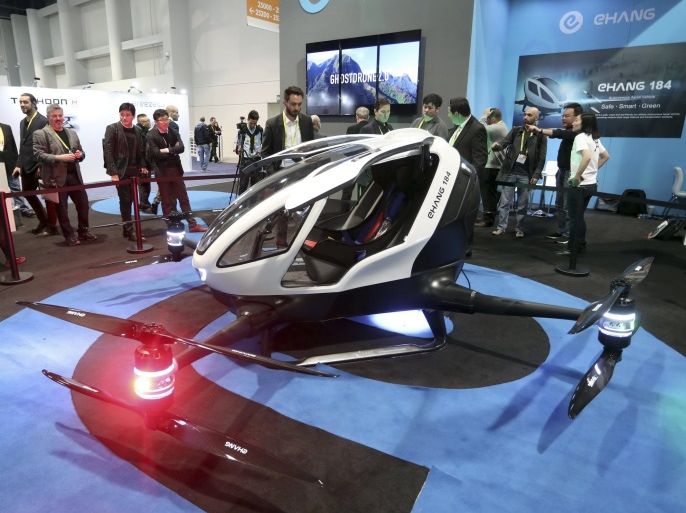 (FILE) - A file picture dated 06 January 2017 shows an EHang 184 AAV autonomous passenger aerial vehicle on display at the 2017 International Consumer Electronics Show in Las Vegas, Nevada, USA. According to reports from 13 February 2017, United Arab Emirates (UAE) city Dubai aims to put EHang 184s into regular operations from July 2017 on.