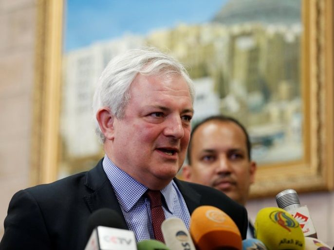 United Nations Under-Secretary-General for Humanitarian Affairs Stephen O'Brien speaks to reporters upon his arrival at Sanaa airport, Yemen February 27, 2017. REUTERS/Khaled Abdullah