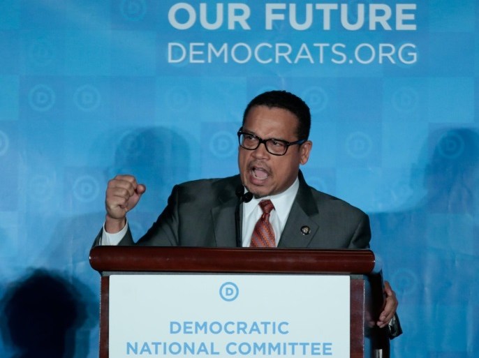 Democratic National Chair candidate, Keith Ellison, addresses the audience as the Democratic National Committee holds an election to choose their next chairperson at their winter meeting in Atlanta, Georgia. February 25, 2017. REUTERS/Chris Berry