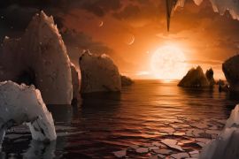An artist's depiction shows the possible surface of TRAPPIST-1f, on one of seven newly discovered planets in the TRAPPIST-1 system that scientists using the Spitzer Space Telescope and ground based telescopes have discovered according to NASA, in this illustration released February 22, 2017. Courtesy NASA/JPL-Caltech/Handout via REUTERS ATTENTION EDITORS - THIS IMAGE WAS PROVIDED BY A THIRD PARTY. EDITORIAL USE ONLY.