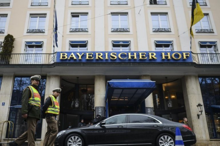 Police patrols in front of the 'Bayerischer Hof' hotel, the venue of the 53rd Munich Security Conference (MSC), in Munich, Germany, 17 February 2017. In their annual meeting, politicians, various experts and guests from around the world discuss issues surrounding global security from 17 to 19 February 2017.