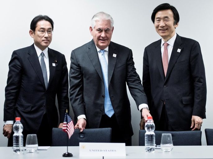Japan's Foreign Minister Fumio Kishida (L), US Secretary of State Rex Tillerson (C) and South Korean Foreign Minister Yun Byung-Se (R) take their seats before a meeting at the World Conference Center February 16, 2017 in Bonn, Germany. REUTERS/Brendan Smialowski/Pool