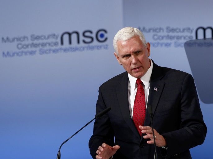 U.S. Vice President Mike Pence delivers his speech during the 53rd Munich Security Conference in Munich, Germany, February 18, 2017. REUTERS/Michaela Rehle