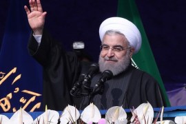 Iran's President Hassan Rouhani waves during a ceremony marking the anniversary of Iran's 1979 Islamic Revolution, in Tehran, Iran February 10, 2017. President.ir/Handout via REUTERS ATTENTION EDITORS - THIS PICTURE WAS PROVIDED BY A THIRD PARTY. FOR EDITORIAL USE ONLY. NO RESALES. NO ARCHIVE.