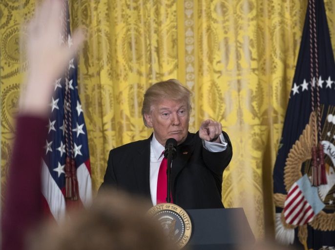 US President Donald J. Trump calls on a member of the news media during a press conference in the East Room in of the White House in Washington, DC, USA, 16 February 2017. President Trump announced that Alexander Acosta, a former US attorney, is his new nominee for Secretary of Labor.