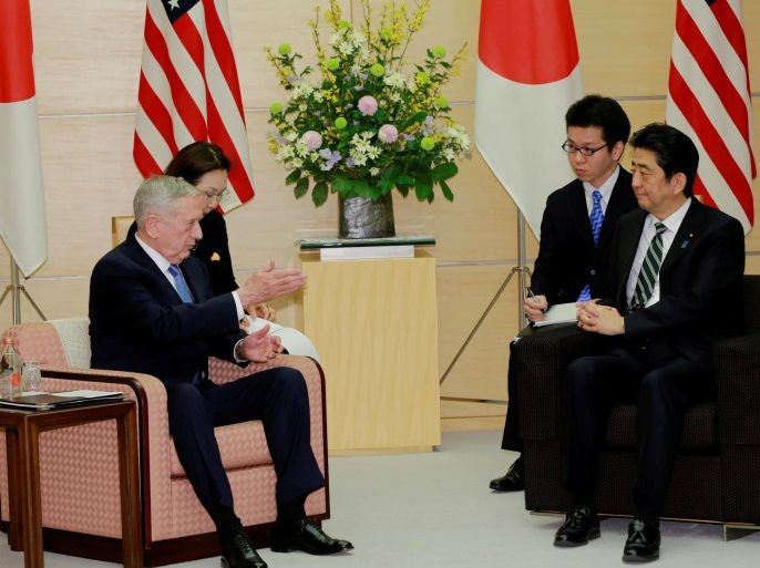 U.S. Defense Secretary Jim Mattis (L) and Japanese Prime Minister Shinzo Abe (R) speak at the prime minister's office in Tokyo, Japan February 3, 2017. REUTERS/Eugene Hoshiko/Pool