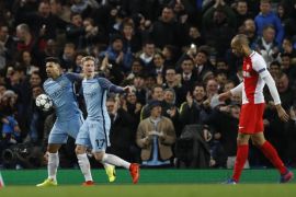Britain Football Soccer - Manchester City v AS Monaco - UEFA Champions League Round of 16 First Leg - Etihad Stadium, Manchester, England - 21/2/17 Manchester City's Sergio Aguero celebrates scoring their second goal with Kevin De Bruyne Reuters / Darren Staples Livepic