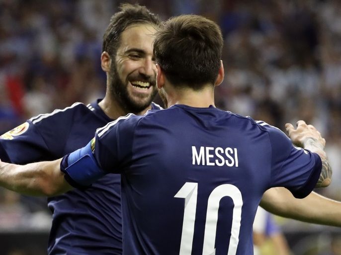 Jun 21, 2016; Houston, TX, USA; Argentina forward Gonzalo Higuain (left) celebrates with midfielder Lionel Messi (10) after scoring a goal during the second half against the United States in the semifinals of the 2016 Copa America Centenario soccer tournament at NRG Stadium. Mandatory Credit: Kevin Jairaj-USA TODAY Sports