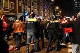 Demonstrators clash with riot police during running battles in the streets near the Turkish consulate in Rotterdam, Netherlands March 12, 2017. REUTERS/Dylan Martinez