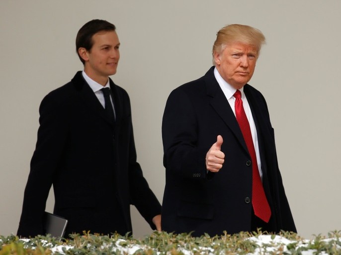 U.S. President Donald Trump gives a thumbs-up as he and White House Senior Advisor Jared Kushner depart the White House in Washington, U.S., March 15, 2017. REUTERS/Kevin Lamarque