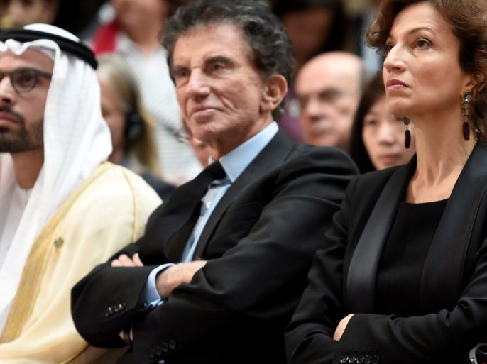 Jack Lang (2ndL), President of the Arab World Institute (Institut du Monde Arabe, IMA) and French Culture Minister Audrey Azoulay (2ndR) listen to a speech during the International Donors' Conference for the Protection of Heritage in Armed Conflict at the Louvre Museum in Paris, France, March 20, 2017. REUTERS/Stephane de Sakutin/Pool