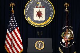 The CIA sign is seen onstage before the arrival of U.S. President Barack Obama to speak following a meeting with his National Security Council at CIA Headquarters in Langley, Virginia April 13, 2016. REUTERS/Kevin Lamarque
