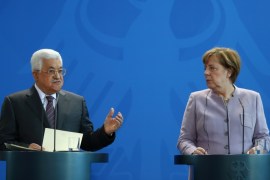 German Chancellor Angela Merkel and Palestinian President Mahmoud Abbas give a statement in Berlin, Germany, March 24, 2017. REUTERS/Pawel Kopczynski