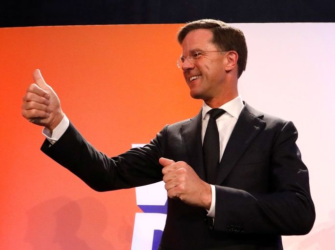 Dutch Prime Minister Mark Rutte of the VVD Liberal party appears before his supporters in The Hague, Netherlands, March 15, 2017. REUTERS/Yves Herman
