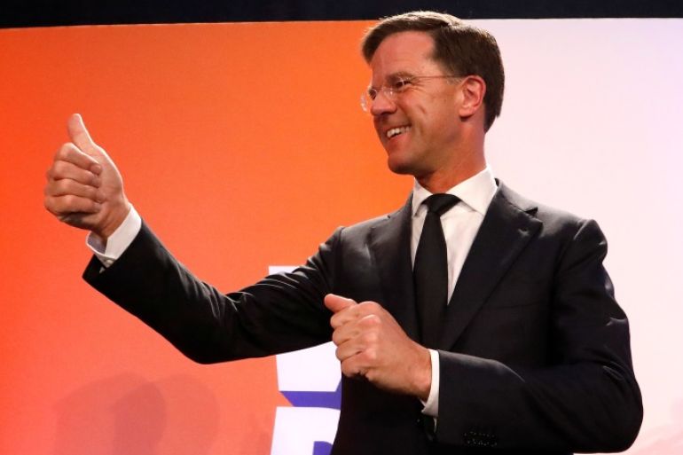Dutch Prime Minister Mark Rutte of the VVD Liberal party appears before his supporters in The Hague, Netherlands, March 15, 2017. REUTERS/Yves Herman